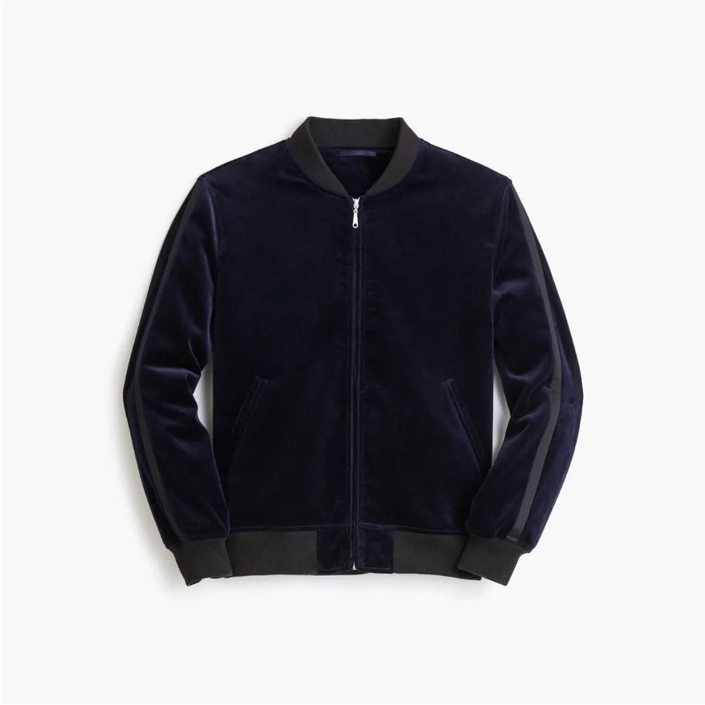 J. Crew Ludlow Navy Velvet Bomber Jacket with Tuxedo Stripe, size L
